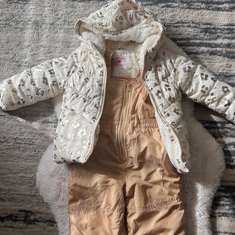 Carters 4T White and Gold Floral Puffer Jacket with Snowbib